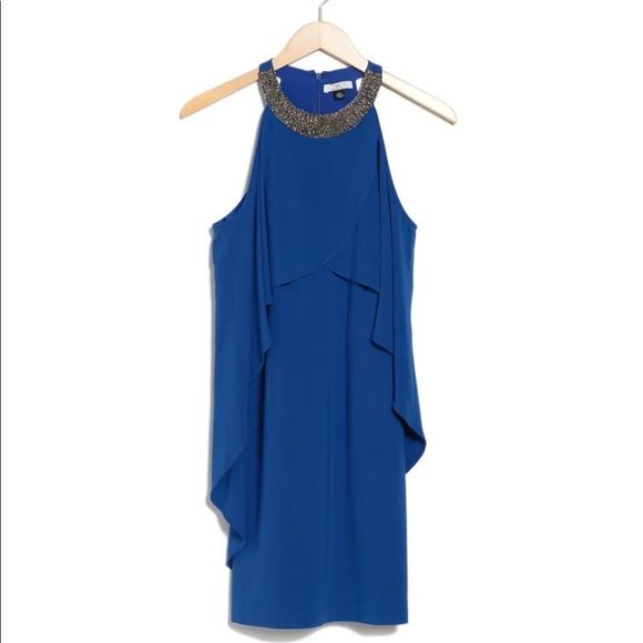 NWT HALSTON Royal Blue Beaded Collared Cold Shoulder Sleeve Draped Mini Dress - Picture 12 of 13